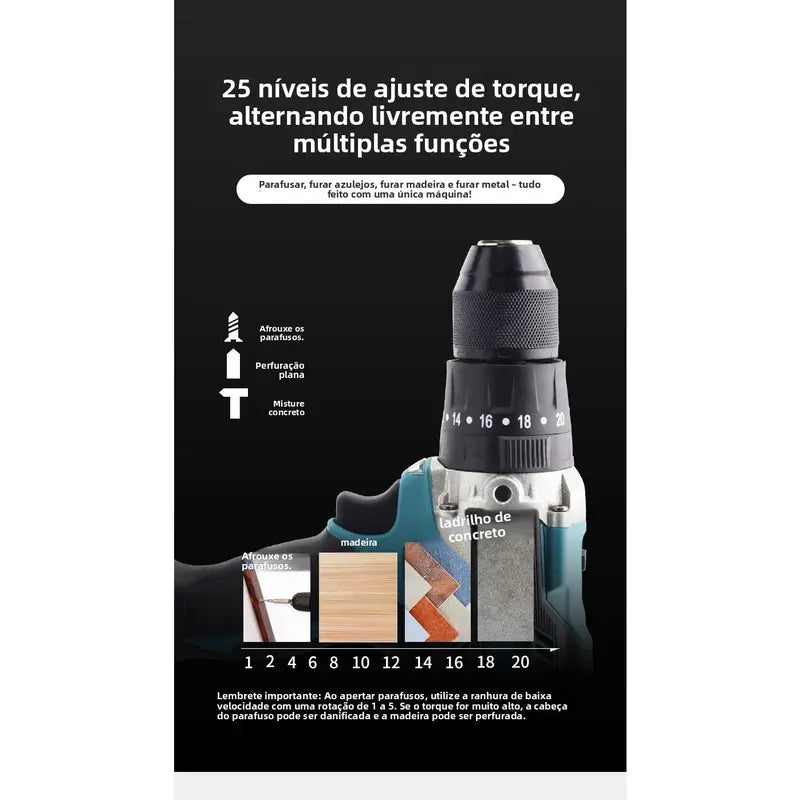 [PROMOÇÃO BLACK FRIDAY] Furadeira e Parafusadeira de Impacto Sem Fio 48v Recarregável, 2 Baterias, Estojo de Armazenamento e 28 Acessórios