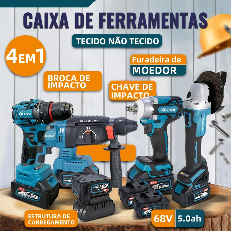Kit de ferramentas 4 em 1 Furadeira, Chave de fenda/Chave de impacto/Amolador/Martelo 2 baterias de 68 V Caixa