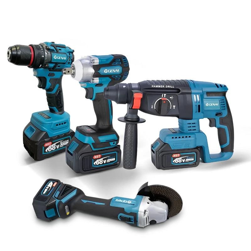 Kit de ferramentas 4 em 1 Furadeira, Chave de fenda/Chave de impacto/Amolador/Martelo 2 baterias de 68 V Caixa